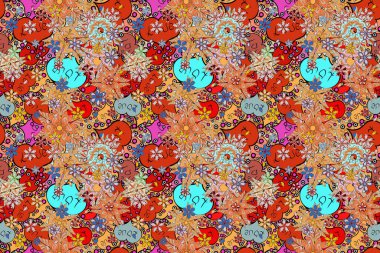 Colour Spring Theme seamless pattern Background. Flat Flower Elements Design. Seamless Floral Pattern in. Flowers on beige, black and orange colors.
