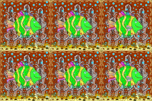 Stylized cute color fish for children textile, wrapping paper, swimsuit cloth, package. Fishes on brown, white and yellow. Marine kids seamless pattern with colorful cartoon fishes in water.