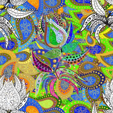 Abstract ethnic vector seamless pattern. Tribal art boho print, vintage flower background. Background texture, wallpaper, floral theme in green, yellow and blue colors.