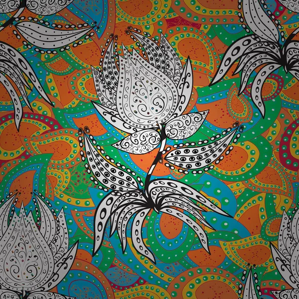 Flowers on orange, white and green colors. Flat Flower Elements Design Vector illustration. Colour Spring Theme seamless pattern Background. Floral seamless pattern background.