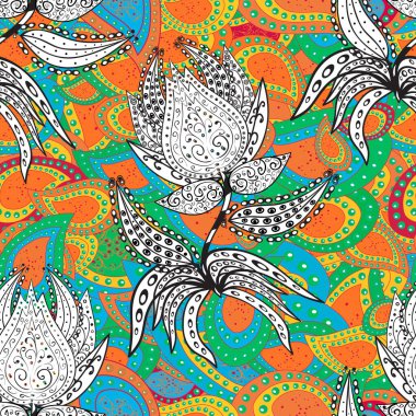 Cute flower pattern. Seamless Colour Spring Theme seamless pattern Background. Flowers on orange, green and white colors. Flat Flower Elements Design.
