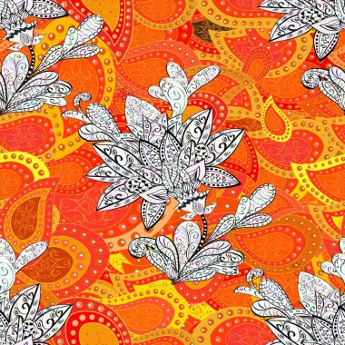 Collection of hand drawn flowers and plants. In sketch style yellow, neutral and orange colors. Seamless floral pattern with cute doodles flowers.