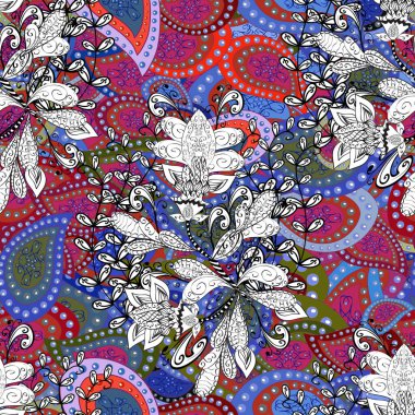 Colour Spring Theme seamless pattern Background. Seamless floral pattern with flowers, watercolor. Flowers on black, blue and white colors. Flat Flower Elements Design.