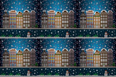 Bir çok mutlu Noeller el ile yazı çam ağaçları desen arka plan üzerinde kabataslak. Raster resim. Küçük bir evde bir karlı bir kroki tarzı ile kış sahne.