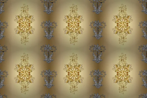Floral ornament brocade textile pattern, glass, metal with floral pattern on yellow, white and beige colors with golden elements. Classic raster golden seamless pattern.