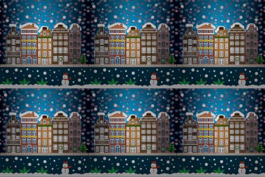 Bir çok mutlu Noeller el ile yazı çam ağaçları desen arka plan üzerinde kabataslak. Raster resim. Küçük bir evde bir karlı bir kroki tarzı ile kış sahne.