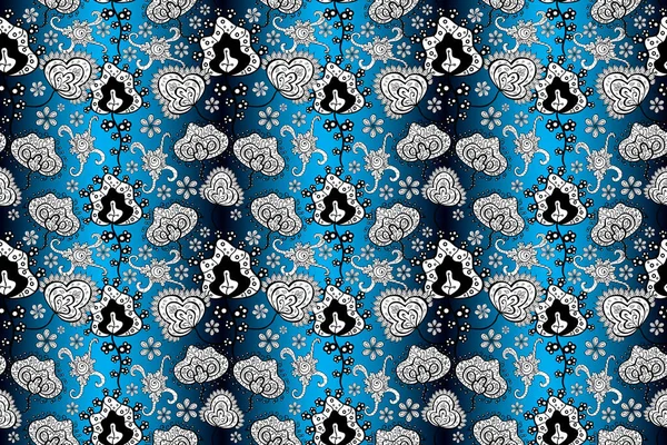 Elegance seamless pattern with ethnic flowers on blue, white and black colors. Floral Illustration in cute textile.