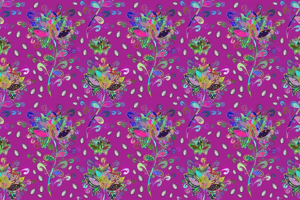 Watercolor seamless pattern for textile. Hand drawn flower seamless pattern tile. Colorful seamless pattern with cute flowers, paisley, purple, green and blue colors.