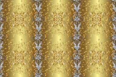 Traditional orient ornament. Seamless pattern on brown, neutral and yellow colors with golden elements. Classic vintage background. Seamless classic golden pattern.