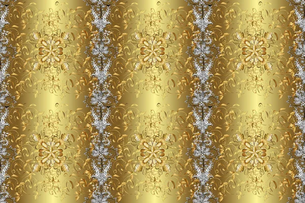 Traditional orient ornament. Seamless pattern on brown, neutral and yellow colors with golden elements. Classic vintage background. Seamless classic golden pattern.