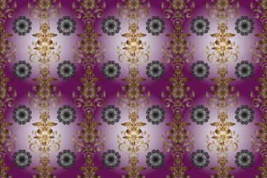Seamless classic raster golden pattern. Classic vintage background. Traditional orient ornament. Golden pattern on beige, neutral and purple colors with golden elements.