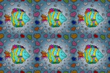 Fishes on white, neutral and blue. Seamless. Raster illustration. Cute fish cartoon collection.