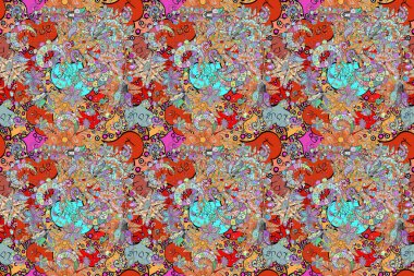 Vintage retro style. For print on fabric, textiles, wallpaper. Seamless background. Seamless pattern with colorful paisley, orange, beige and neutral flowers and decorative elements.