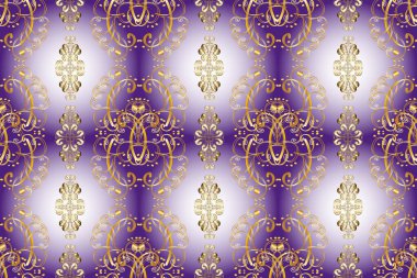 Golden snowflake simple seamless pattern. Symbol of winter, Merry Christmas holiday, Happy New Year 2019. Abstract wallpaper, wrapping decoration. Golden pattern on neutral, yellow and violet colors.