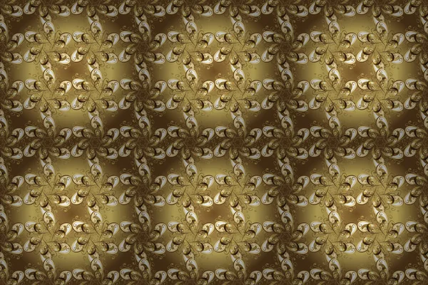 Traditional orient ornament. Seamless pattern on brown, beige and yellow colors with golden elements. Raster illustration. Seamless classic raster golden pattern. Classic vintage background.