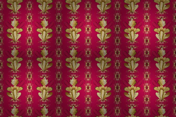 Seamless royal luxury golden baroque damask vintage. Raster seamless pattern with gold antique floral medieval decorative, leaves and golden pattern ornaments on red, beige and brown colors.