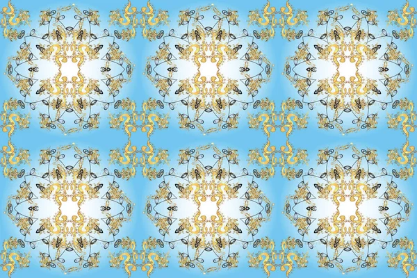 Golden pattern on blue, brown and neutral colors with golden elements. Oriental ornament. Seamless oriental ornament in the style of baroque. Traditional classic golden pattern.