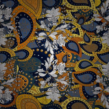 Vector illustration. Flourish ornamental spring garden texture. Flowers on blue, white and black colors. Floral pattern. Flower seamless on blue, white and black colors.