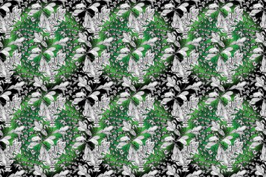 Flat Flower Elements Design. Flowers on black, white and green colors. Cute flower pattern. Seamless Colour Spring Theme seamless pattern Background.