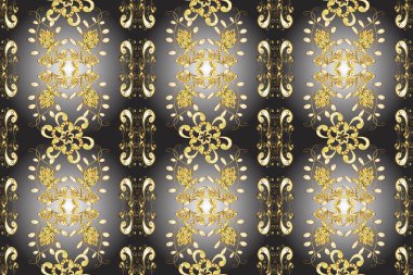 Damask seamless pattern repeating background. Antique golden repeatable wallpaper. Golden element on brown, yellow and gray colors. Golden floral ornament in baroque style.