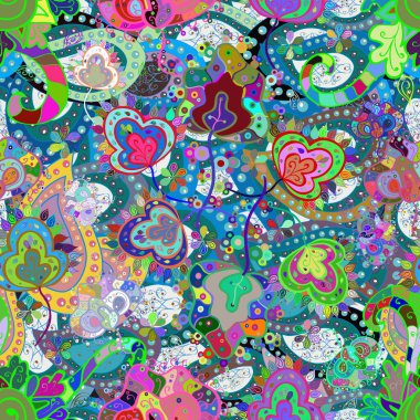 Vector illustration. Floral seamless pattern background, with strokes and splashes, summer flowers. Flowers on green, neutral and blue colors.