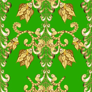 Classical luxury old fashioned damask ornament, royal victorian. Exquisite floral baroque template. Pictures in brown, green, yellow colors. Vector damask seamless pattern background. Seamless texture
