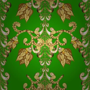 Vector. Seamless. Traditional classic ornament. Oriental nice pattern with arabesques and floral elements. Pictures in green, brown and yellow colors. Vintage pattern with arabesques.