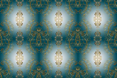 Classic vintage background. Seamless classic golden pattern. Traditional orient ornament. Golden pattern on neutral, blue and yellow colors with golden elements.