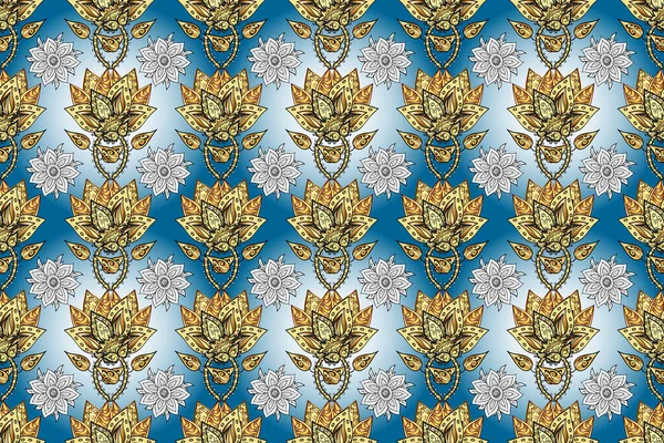 Oriental ornament. Golden pattern on blue, neutral and gray colors with golden elements. Traditional classic golden pattern. Seamless oriental ornament in the style of baroque.