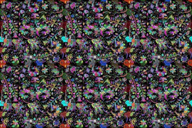 Gentle, nice floral background. Floral pattern in doodle style with flowers. Flowers on black, green and blue colors.