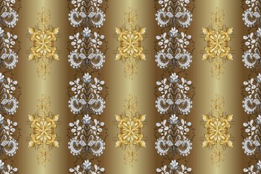 Golden element on beige, neutral and brown colors. Damask seamless pattern repeating background. Golden floral ornament in baroque style. Antique golden repeatable wallpaper.