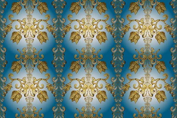 Seamless golden pattern. Raster oriental ornament. Golden pattern on neutral, yellow and blue colors with golden elements.