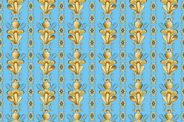 Winter snow texture wallpaper. Christmas golden snowflake seamless pattern. Golden snowflakes on blue, beige and brown colors. Symbol holiday, New Year celebration golden pattern.