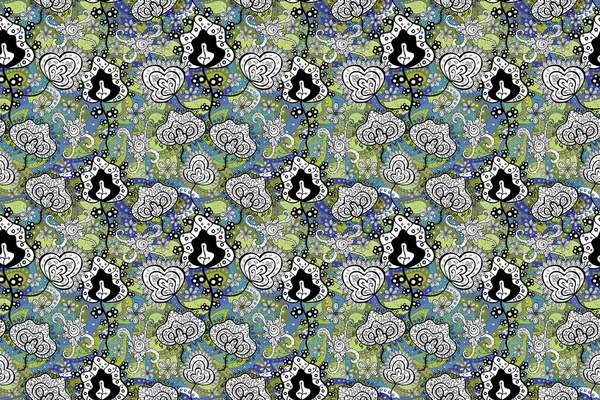 Seamless Floral Pattern in. Flowers on blue, black and white colors.