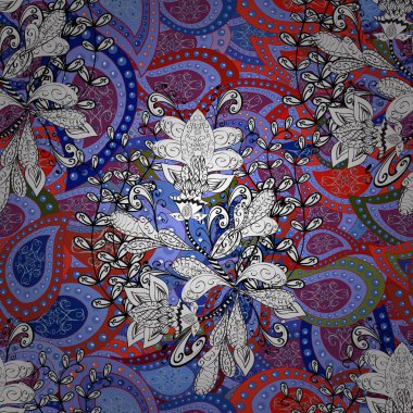 Çiçekler, yapraklar, dekoratif elementler, sıçrama, lekeler, el çizimi kontur çizgileri ve Doodle çizim stili, grafik vektör çizimi çizimi.