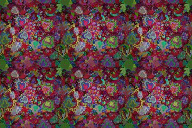 Raster illustration. Cute flowers on green, blue and red colors. Elegant decorative ornament for fashion print, scrapbook, wrapping paper, wallpaper. Simple floral seamless pattern with small flowers.