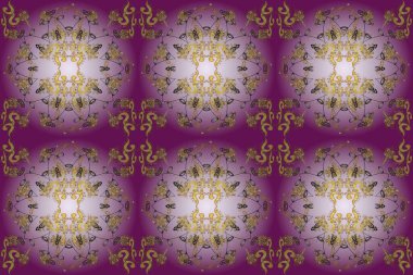 Classic raster golden seamless pattern. Floral ornament brocade textile pattern, glass, metal with floral pattern on violet, neutral and purple colors with golden elements.