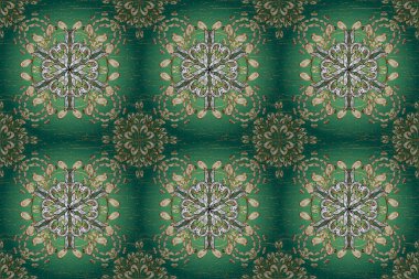 Seamless golden pattern. White, green and blue colors with golden elements. Raster golden floral ornament brocade textile and glass pattern. Gold metal with floral pattern.