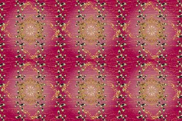 Seamless medieval floral royal pattern. Decorative symmetry arabesque. Gold on pink, purple and neutral colors. Good for greeting card for birthday, invitation or banner.
