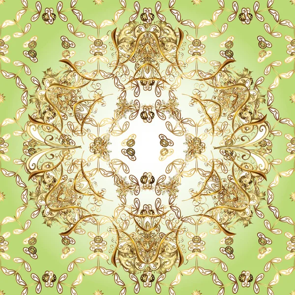 Golden pattern on white, neutral and beige colors with golden elements. Ornate decoration. Seamless damask pattern background for wallpaper design in the style of Baroque.