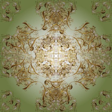 Tarafsız, kahverengi ve bej renklerde, altın elementlerle klasik, pürüzsüz desen. Vektör illüstrasyonu.