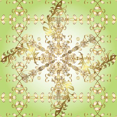 Vintage seamless pattern on a beige, white and neutral colors with golden elements. Christmas 2019, snowflake, new year.