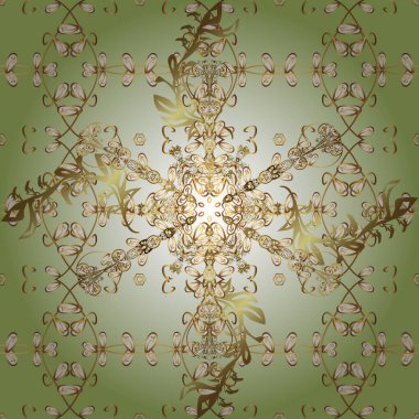 Vector seamless pattern with gold antique floral medieval decorative, leaves and golden pattern ornaments on beige, neutral and white colors. Seamless royal luxury golden baroque damask vintage.