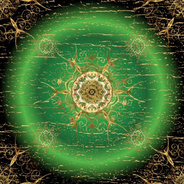 Classic oriental pattern over black, brown and green colors. Traditional and golden pattern. Damask seamless ornament.