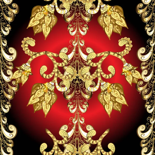 Gold Wallpaper on texture background. Damask seamless repeating background. Gold floral ornament in baroque style. Golden element on brown, black and red colors.