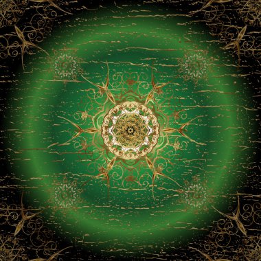 Golden seamless pattern on brown, green and black colors with golden floral elements. For your design, wallpaper. Golden color seamless illustration. Vector geometric background.