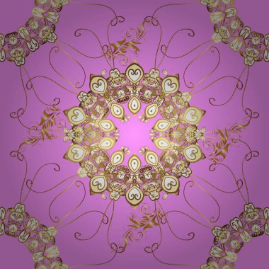 Golden elements on pink, beige and brown colors. Seamless oriental ornament in the style of baroque. Traditional classic vector golden seamless pattern.