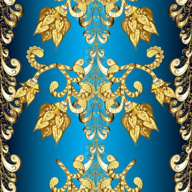 Oriental style arabesques golden pattern on a brown, yellow and blue colors with golden elements. Seamless textured curls. Vector golden pattern.