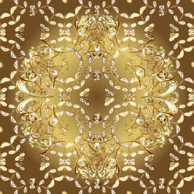 Abstract wallpaper, wrapping decoration. Golden snowflake simple seamless pattern. Vector golden pattern on beige, yellow, brown colors. Symbol of winter, Merry Christmas holiday, Happy New Year 2019.