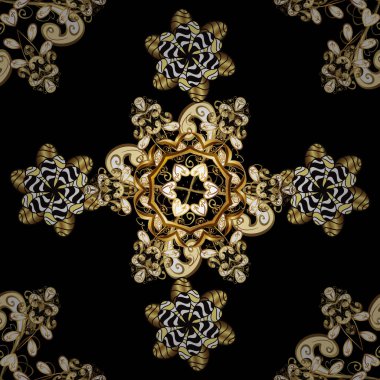 Golden seamless pattern on brown, black and yellow colors with golden elements. Seamless damask classic golden pattern. Vector illustration. Vector abstract background with repeating elements.